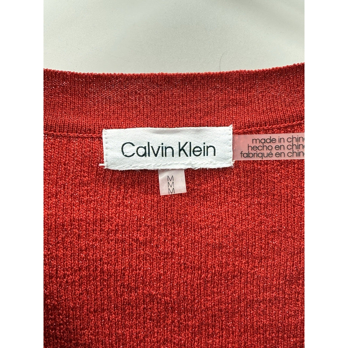 Calvin Klein Sweater Women LS Red Metallic Classic Fit V Neck Twist Detail Sz M