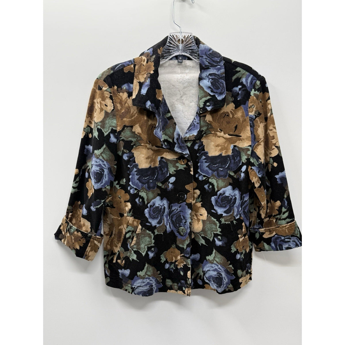 Rafaella Floral Jacket Womens 10 Black Blue Brown Stretch 3 Button Front Career