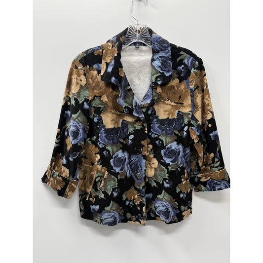 Rafaella Floral Jacket Womens 10 Black Blue Brown Stretch 3 Button Front Career