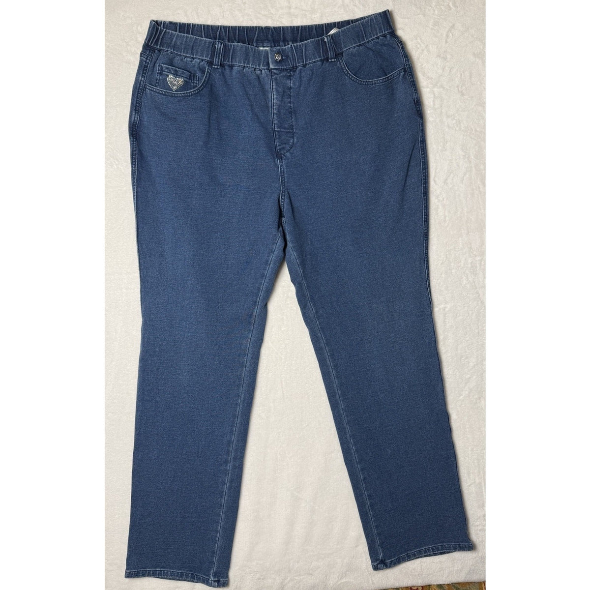 Quacker Factory DreamJeannes Jeans 1X Blue Rhinestone Heart Stretch Pull On