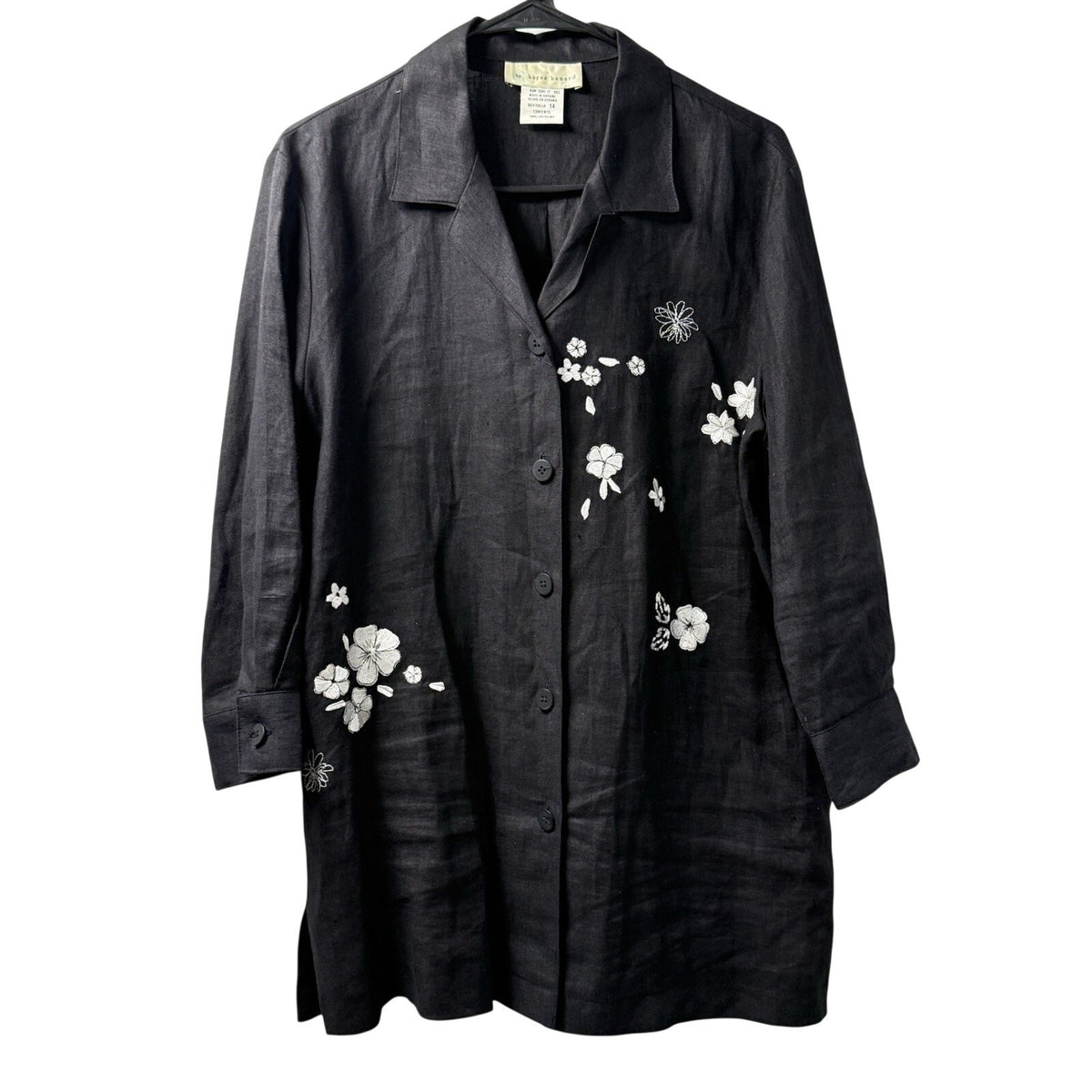 Harve Benard Black Linen Embroidered Jacket Shirt Womens 14 Floral Button Up