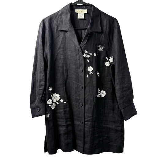Harve Benard Black Linen Embroidered Jacket Shirt Womens 14 Floral Button Up
