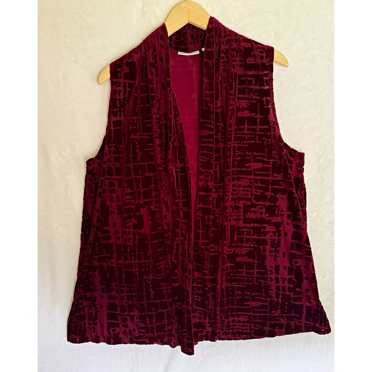 Susan Graver Women’s M Burgundy Burnout Velvet Open Front Draped Vest USA