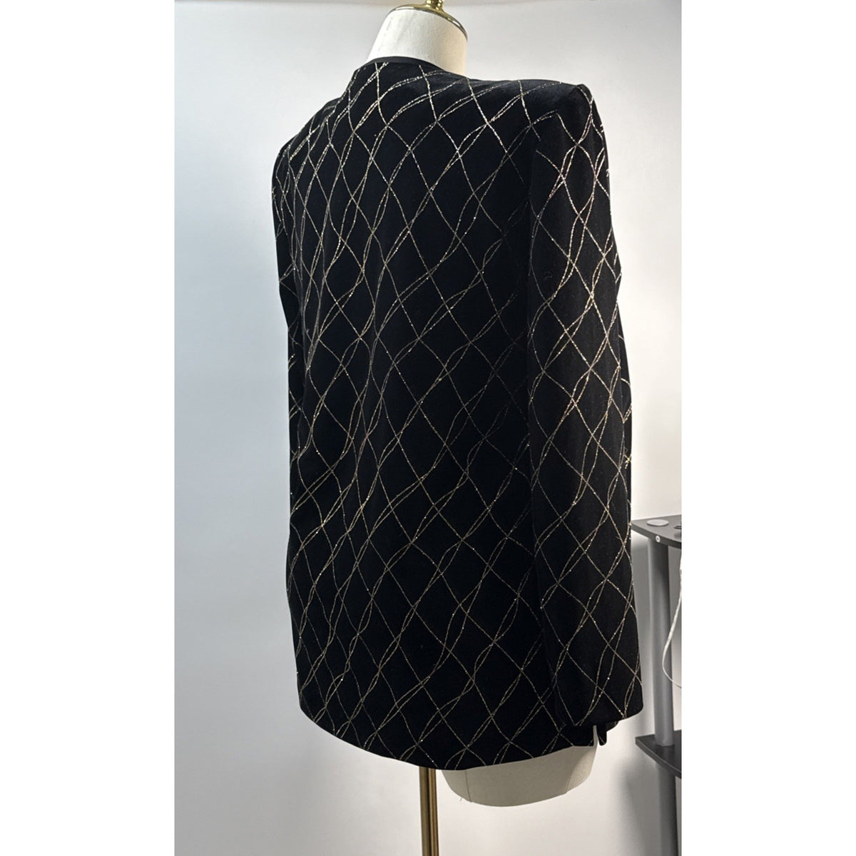 J.B.S. LTD. Size 12 Vintage Velvet Metallic Grid Open Front Jacket Black/Gold