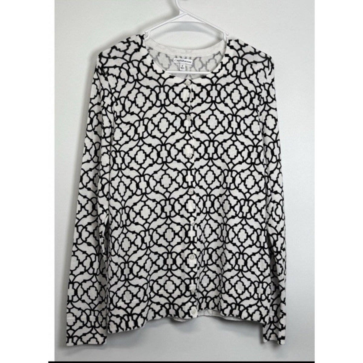Croft & Barrow Women’s Black White Geometric Cardigan M Cotton Button Front Top