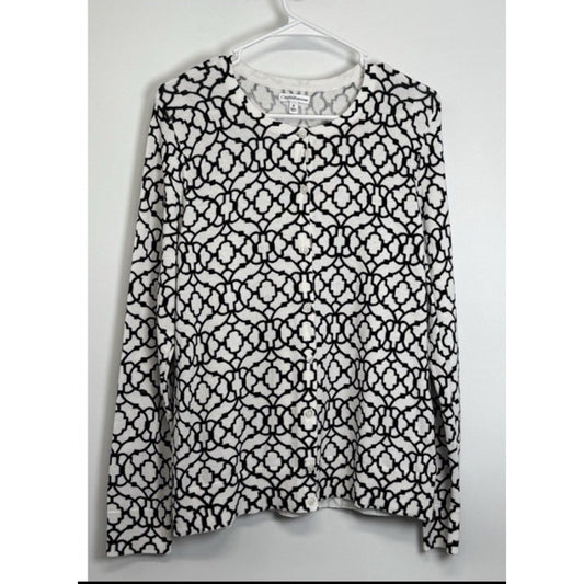 Croft & Barrow Women’s Black White Geometric Cardigan M Cotton Button Front Top