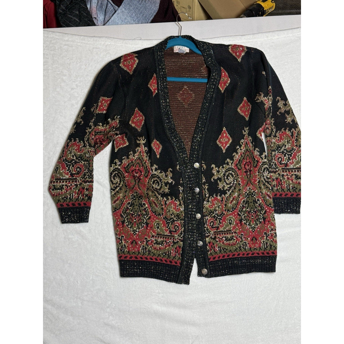 CST Studio Cardigan Sweater Sz 44 Metallic Lurex Black Red Gold Paisley Long
