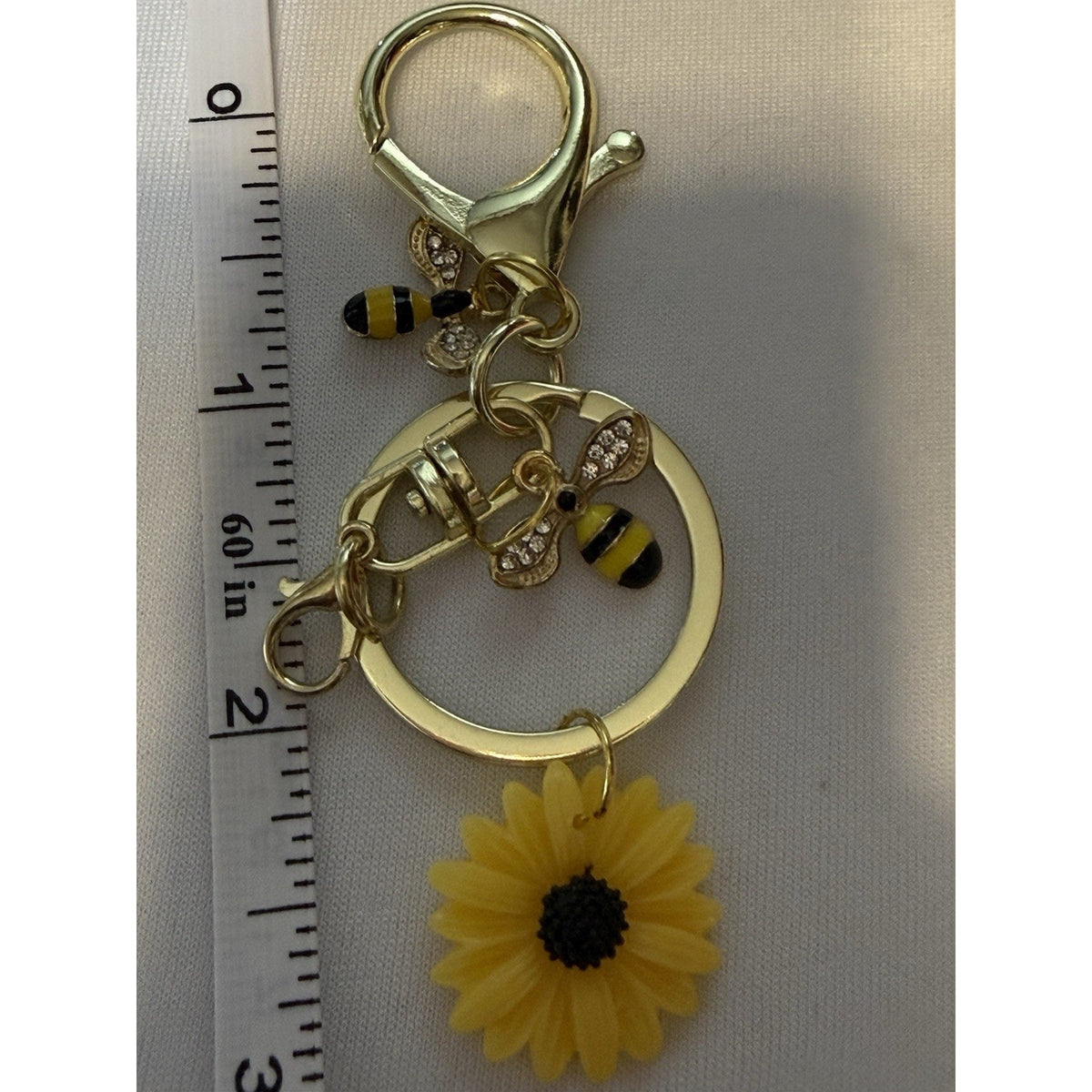 Gold Bee Sunflower Keychain Charm Rhinestone Bumblebee Floral Purse Bag Key Ring