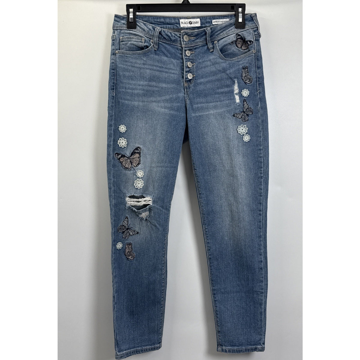 Black Daisy Jamie Relaxed Skinny Button Fly Blue Jeans With Butterfly Size 9/29