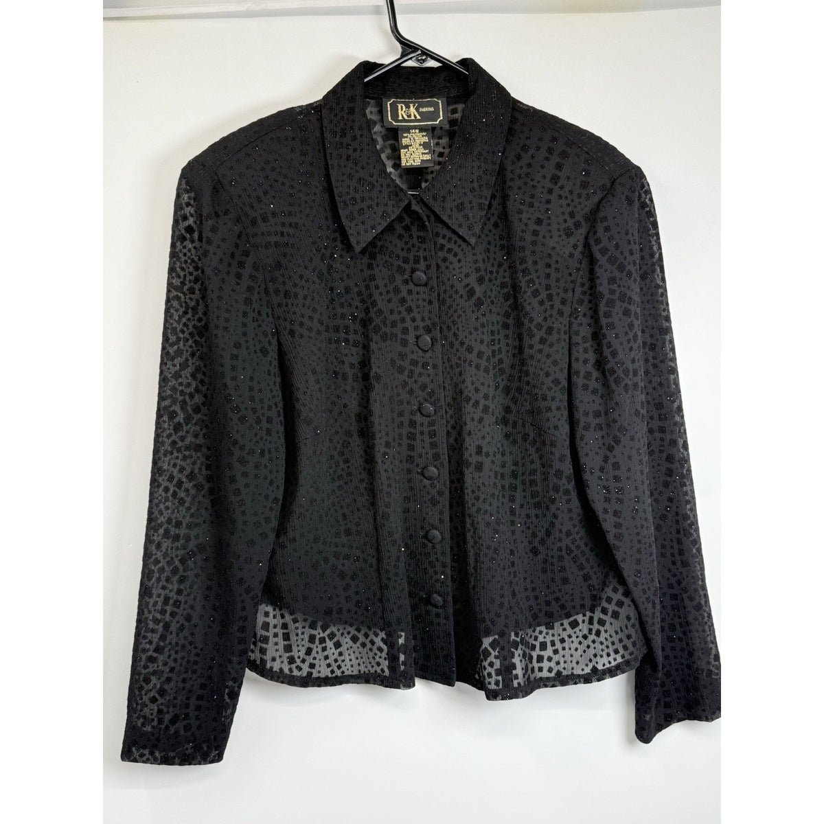 R&K Evening Black Sheer Open Back Textured Blouse 14W Button Front Shimmer Top