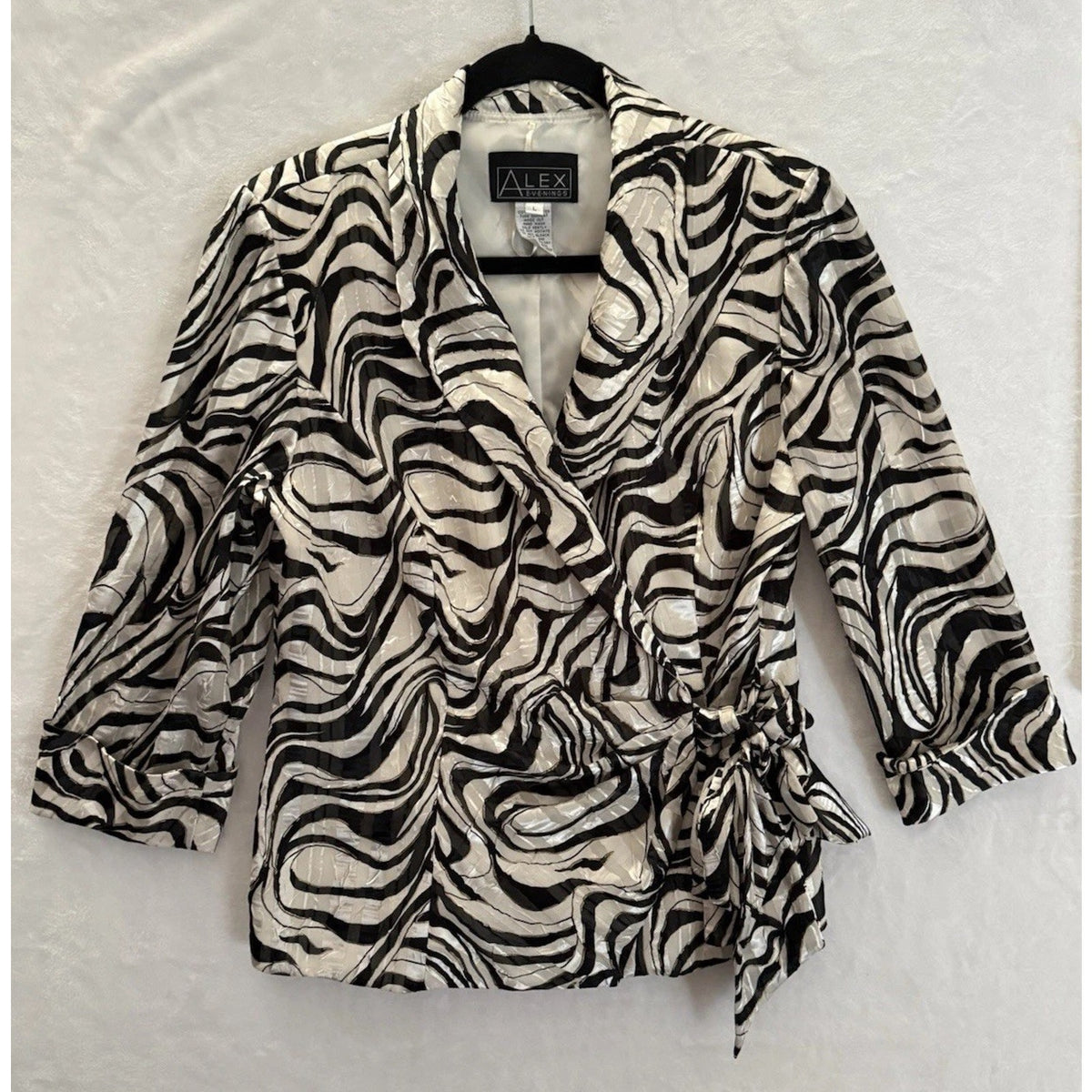 Alex Evenings Women’s L Black Ivory Abstract Tie Belt Lined 3/4 Sleeve Jacket
