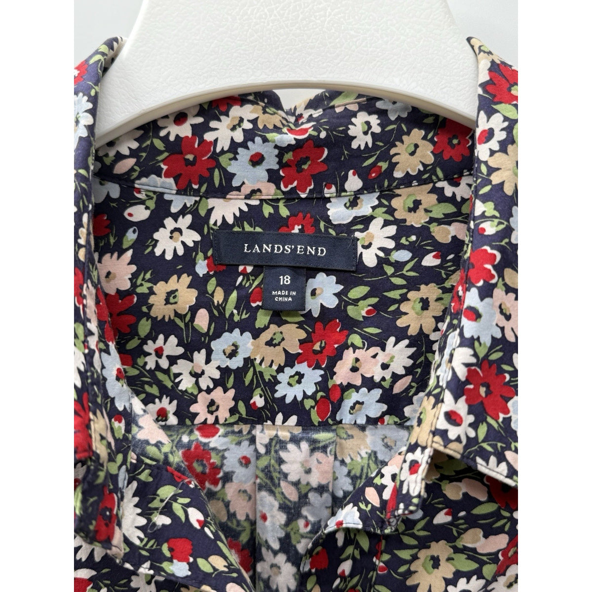 Lands’ End Womens 18 Floral Shirt Dress Midi Pullover Cotton Blend 3/4 Sleeve