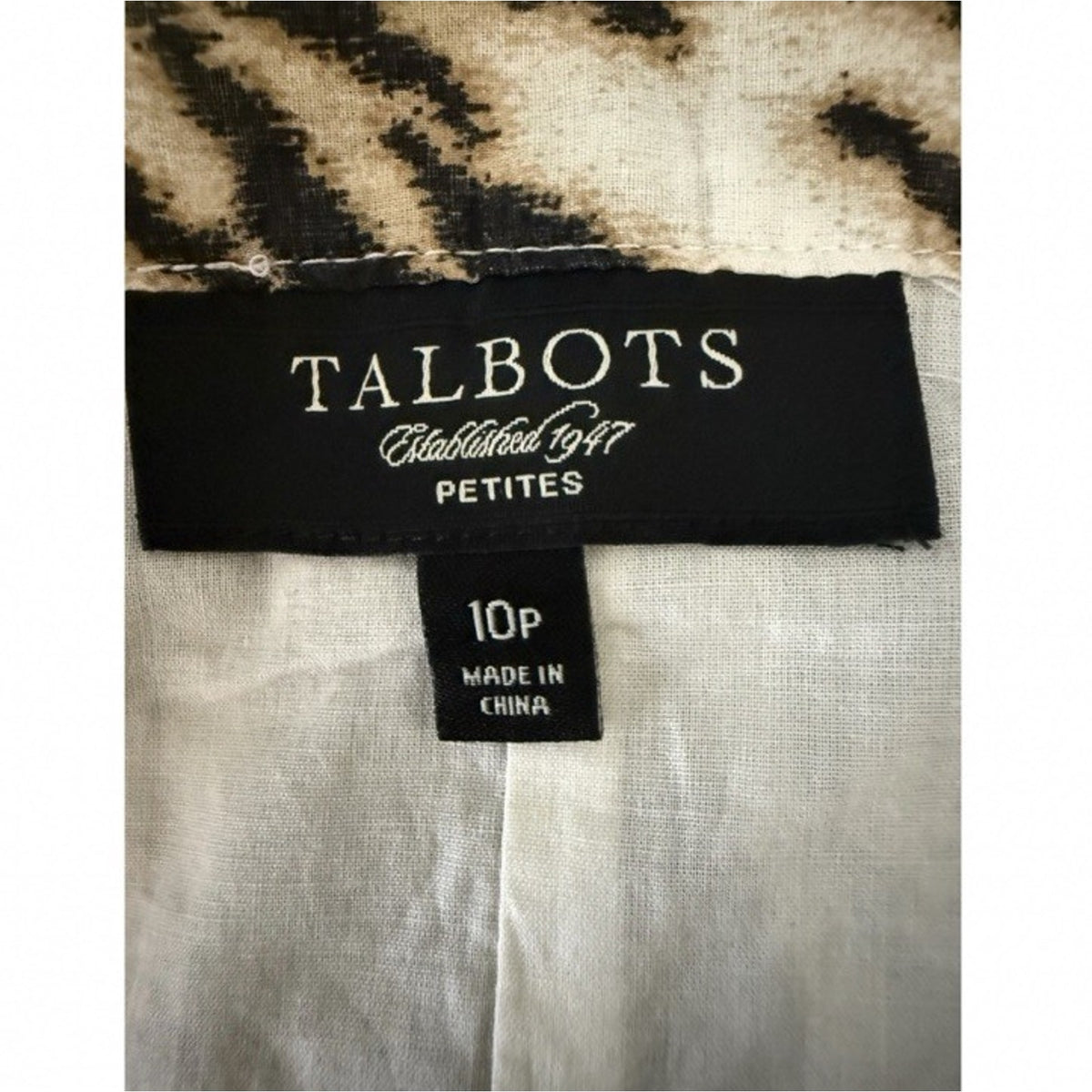 Talbots A Line Pleated Skirt Size 10 Petite Tan Black Animal Print Lined Cotton