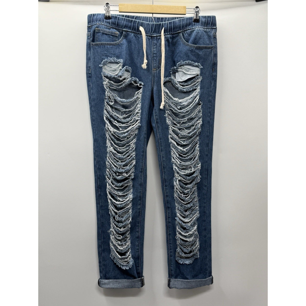 American Bazi Distressed Drawstring Jeans Women Size Large Blue Denim Grunge