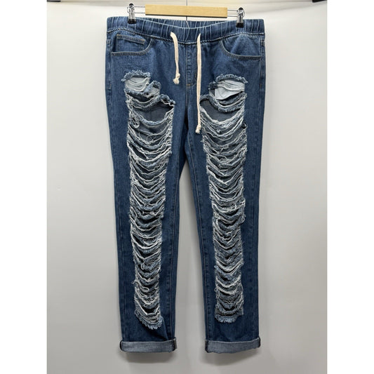 American Bazi Distressed Drawstring Jeans Women Size Large Blue Denim Grunge