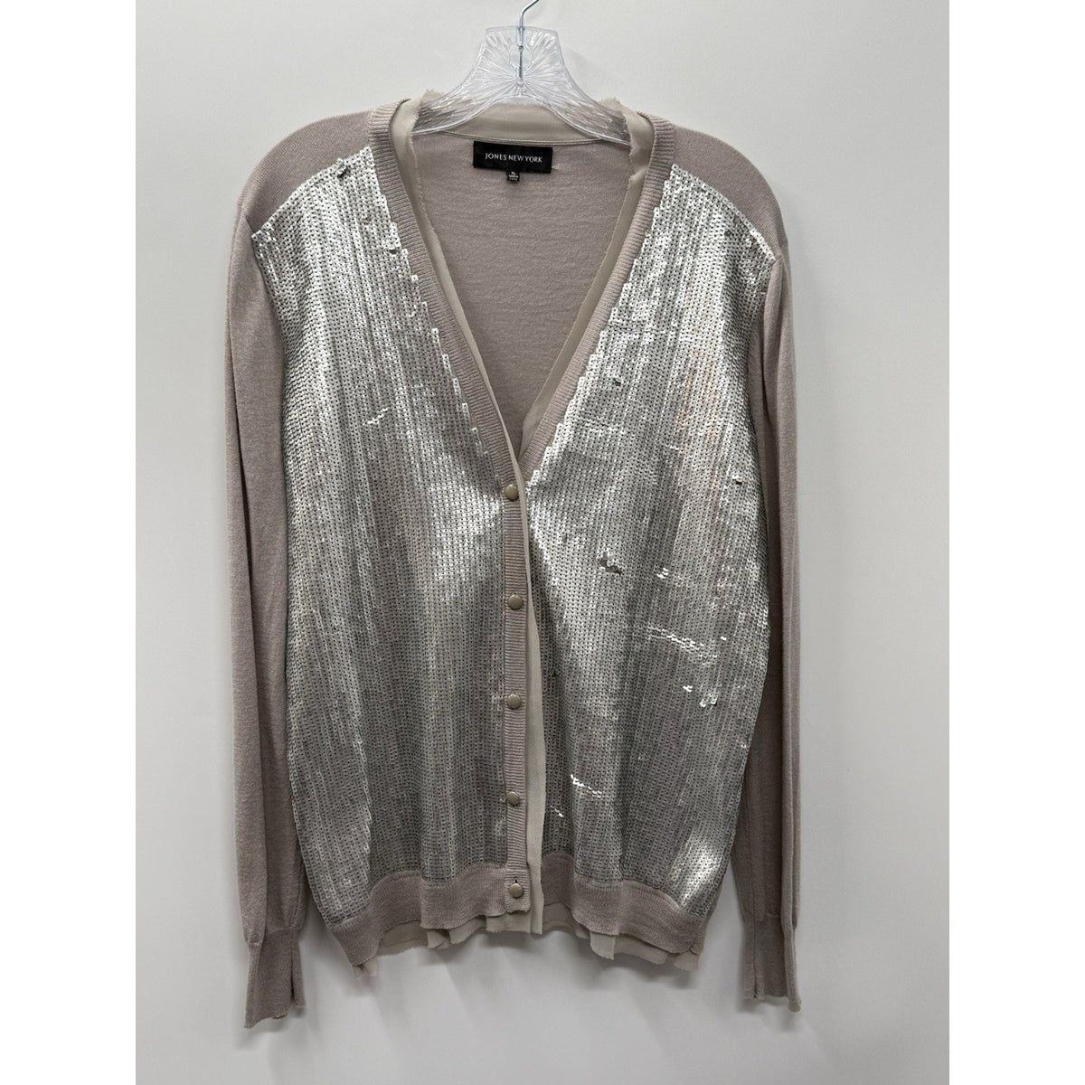 Jones New York Sequin Cardigan Women Size XL Cotton Wool Blend Gray Luxe