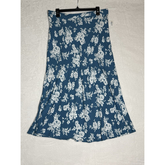 Old Navy Womens L Blue White Floral Midi Skirt Fluted A Line Cottagecore Rayon