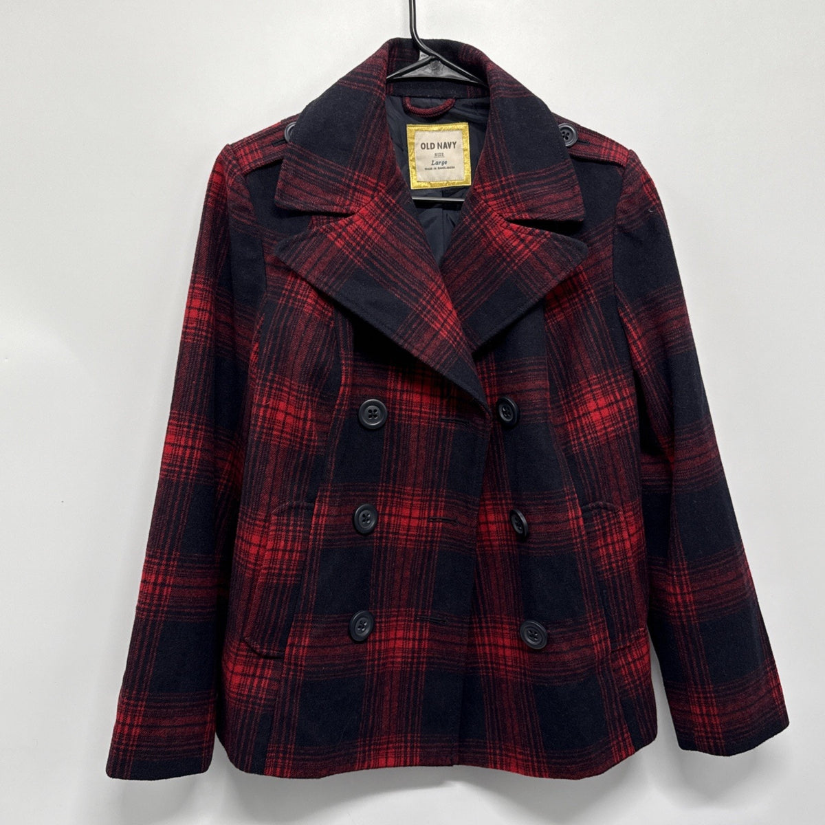 Old Navy Recycled Wool Blend Red Plaid Double Breasted Jacket Pea Coat Sz L