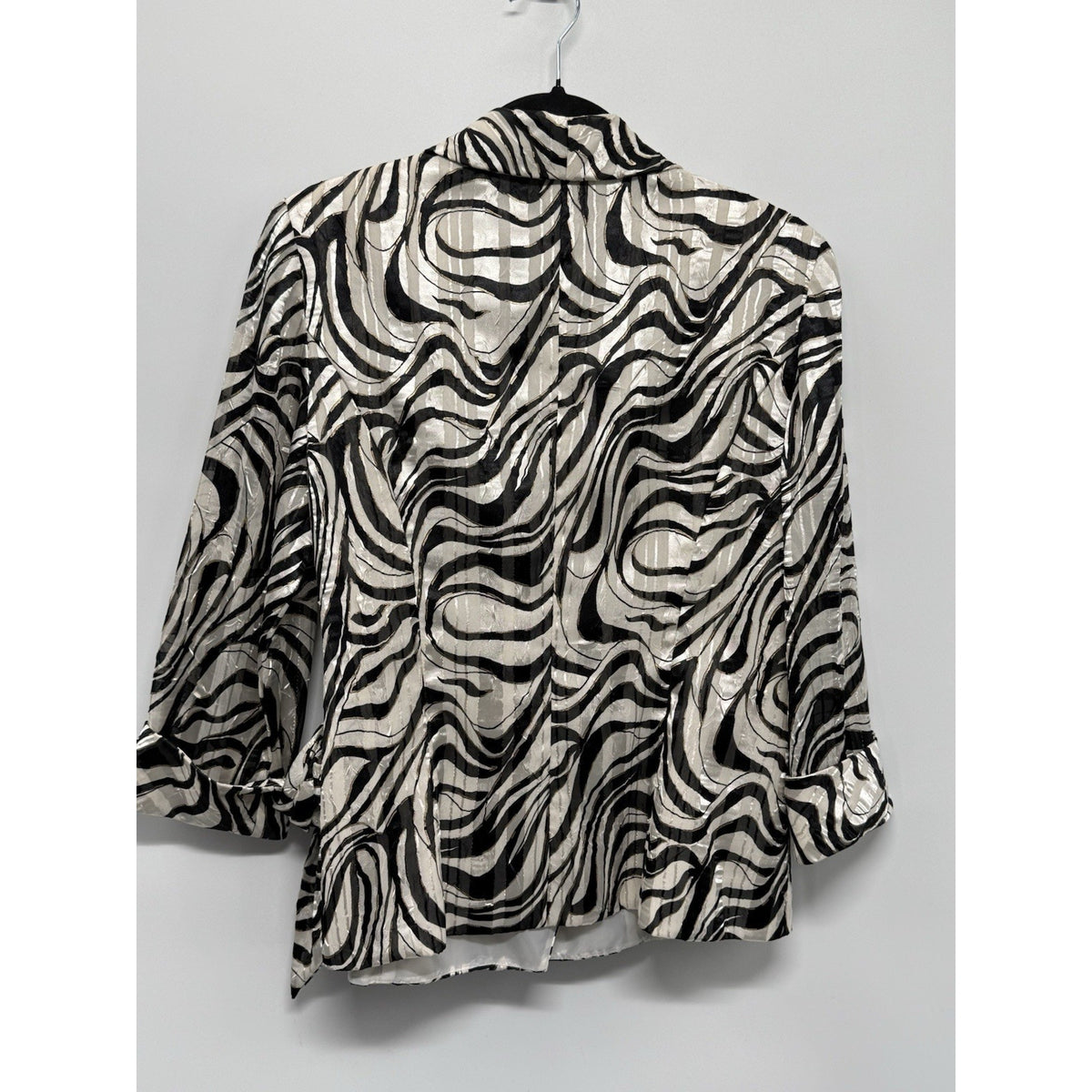 Alex Evenings Women’s L Black Ivory Abstract Tie Belt Lined 3/4 Sleeve Jacket