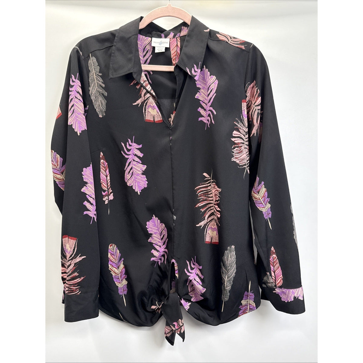 Jaclyn Smith Size Medium Black Feather Top Tie Front Long Sleeve V-Neck Collar