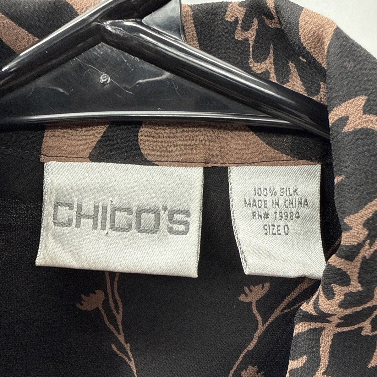 Chico’s 100% Silk Blouse Size 0* (S/4) Brown + Black Floral Shirt 2 Pockets