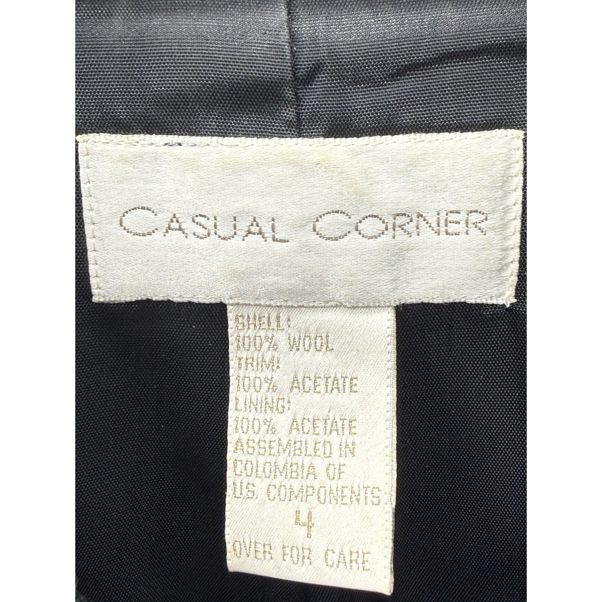 VTG Casual Corner Womens Size 4 Black 100% Wool Blazer Satin Collar