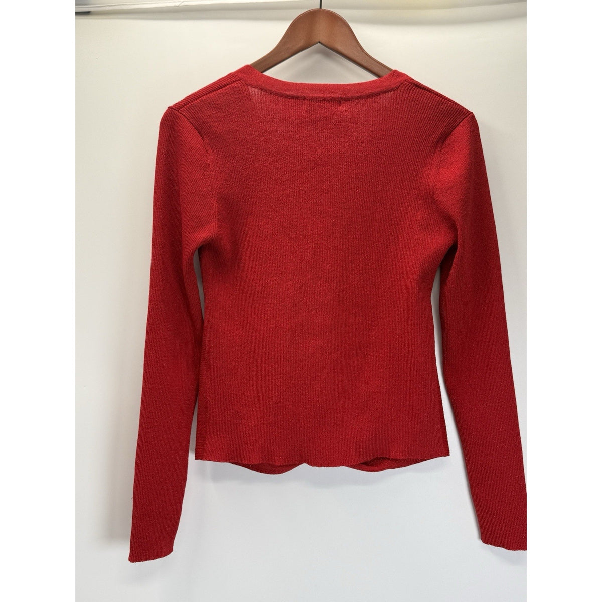 Calvin Klein Sweater Women LS Red Metallic Classic Fit V Neck Twist Detail Sz M