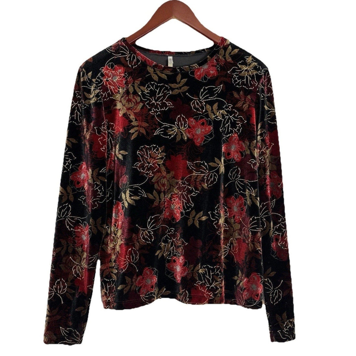 White Stag Large Velvet Top Black Red Gold Metallic Floral LS Whimsigoth