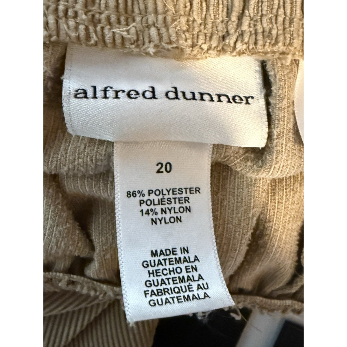 Alfred Dunner Corduroy Pull On Pants Womens 20 Beige Elastic Waist Wide Leg