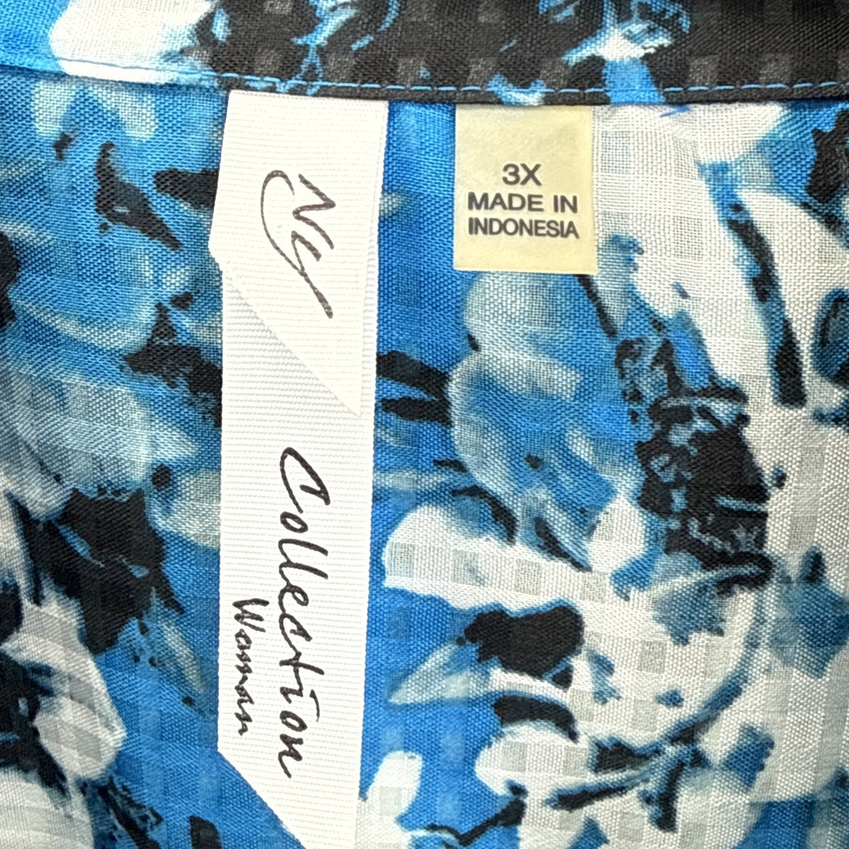 NY Collection Woman Blue Black Floral Blouse Top 3X Roller Tab Sleeve