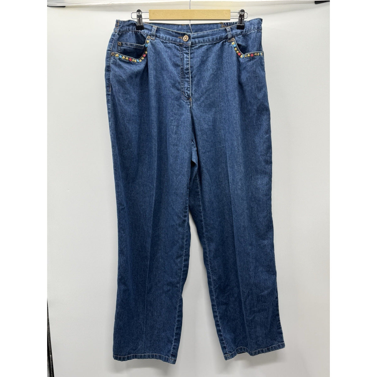 Ruby Rd Beaded Denim Jeans Womens 14 Blue Ramie Blend Y2K Boho Stretch Pants