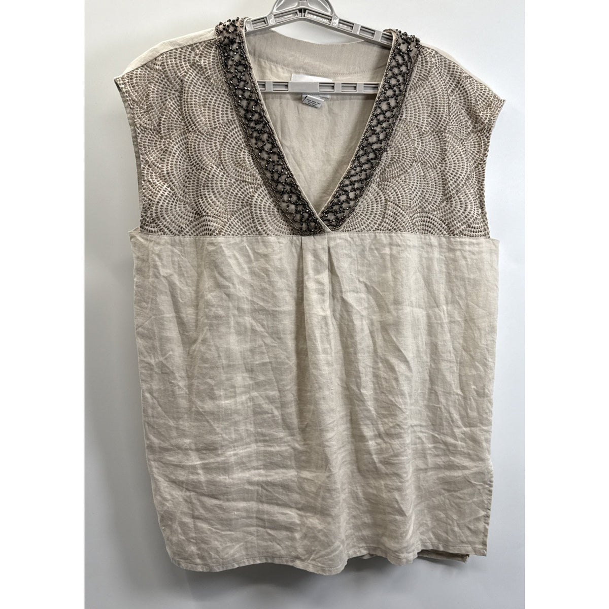 Peck & Peck Womens Large Khaki Linen V Neck Top Beaded Embroidered Casual