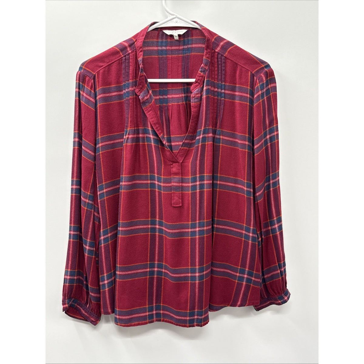 Womens Lucky Brand Sz L Long Sleeve Red Plaid V-Neck Pullover Top