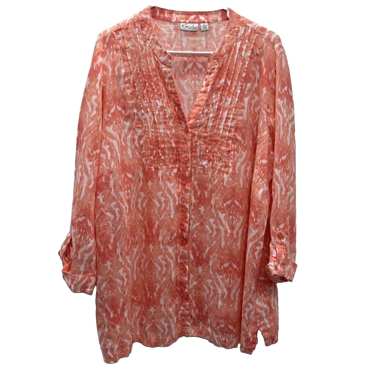 Kim Rogers Button Up Shirt Women’s 2X Plus Orange White Ikat Linen ¾ Sleeves Top