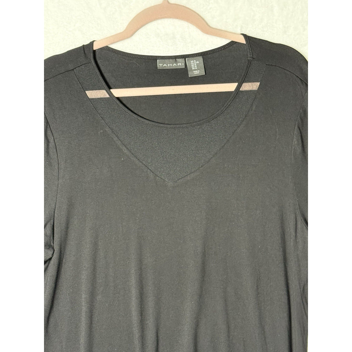 Tahari XL Black Long Sleeve V-Neck Sheer Insert Top Lagenlook Career Minimalist