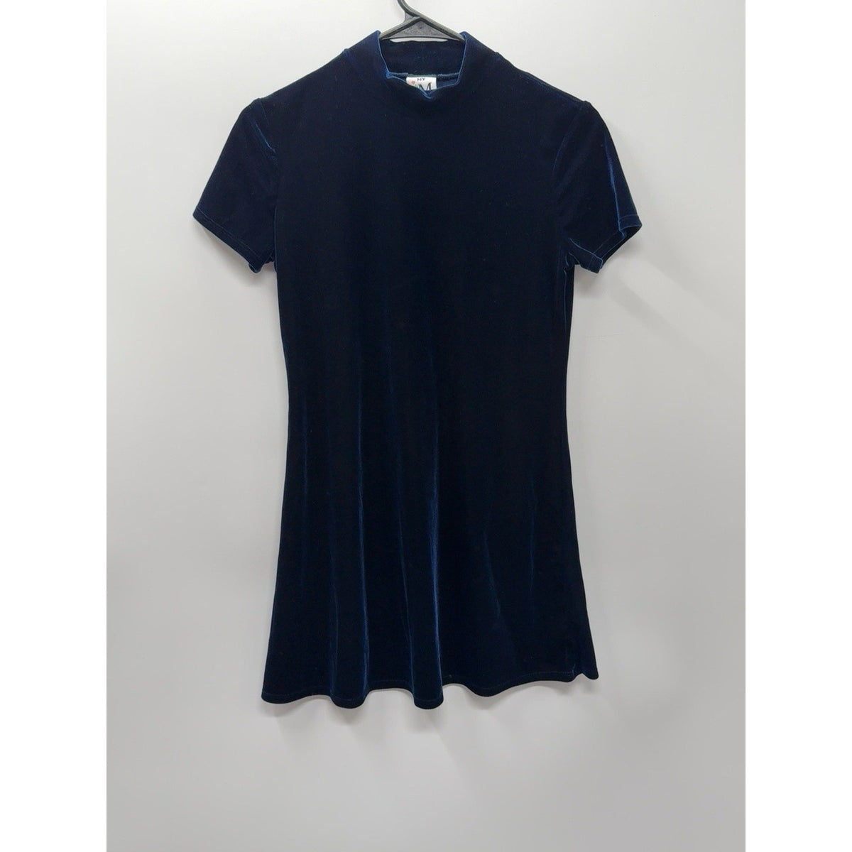My Michelle Blue Velvet Mini Dress Mock Neck Short Sleeve Stretch Size 12