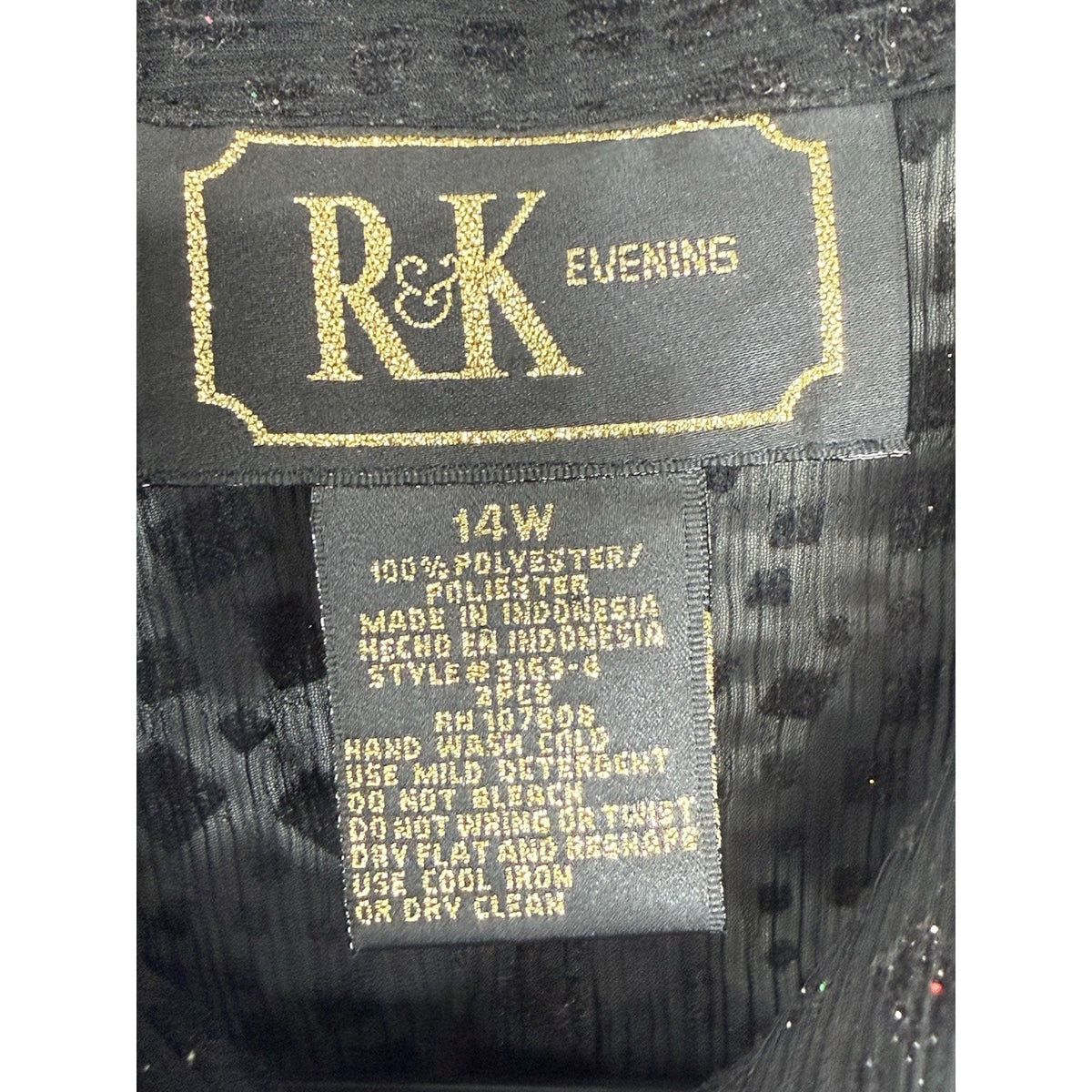 R&K Evening Black Sheer Open Back Textured Blouse 14W Button Front Shimmer Top