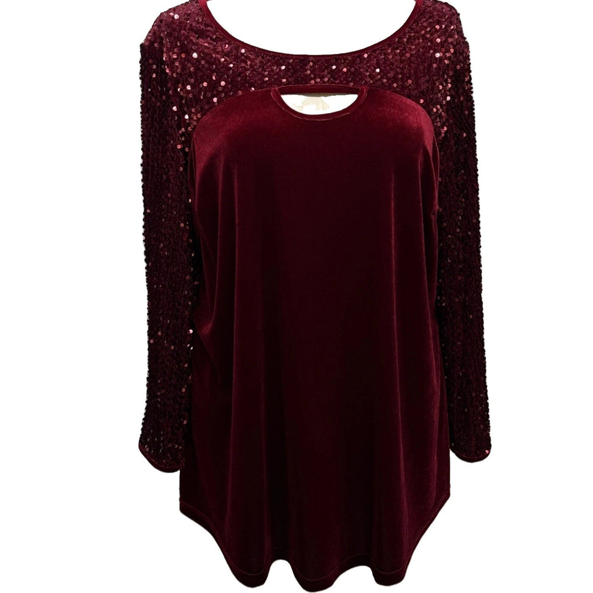 Burgundy Velvet Sequin Tunic Top Size 2X Keyhole Whimsigoth Party Blouse