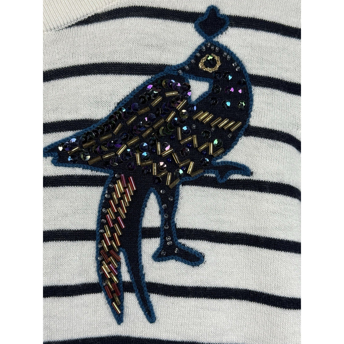 LOFT Striped Sweater Bird Embellished Beaded Navy-White Knit Size M