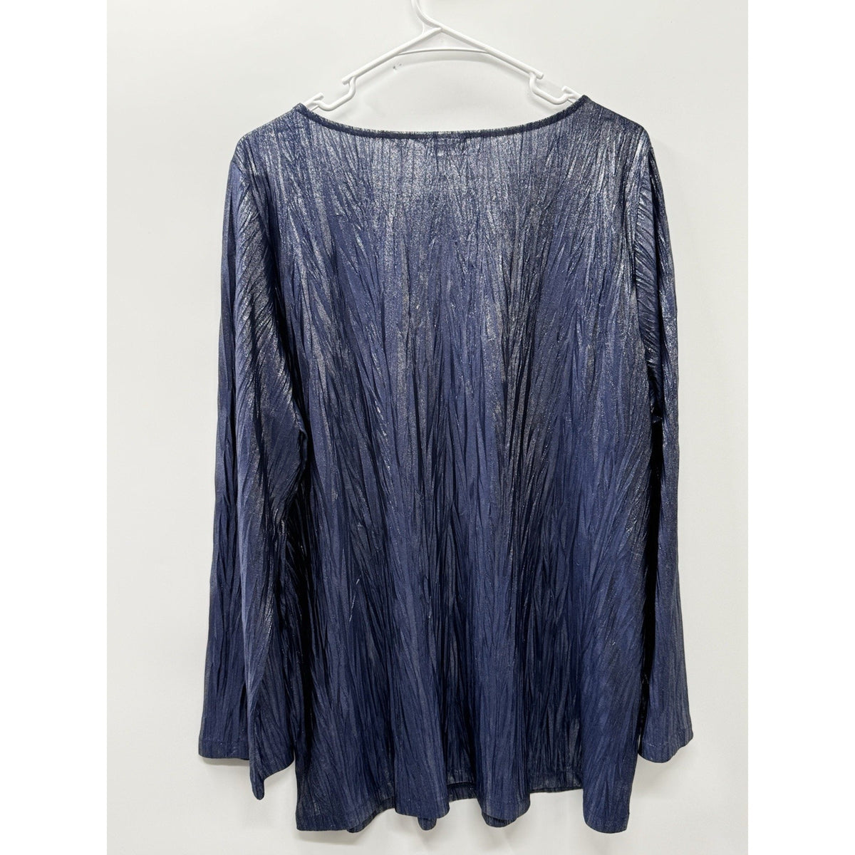 Susan Graver 1X Blue Metallic Crinkle Knit Top Shimmer 3/4 Sleeve