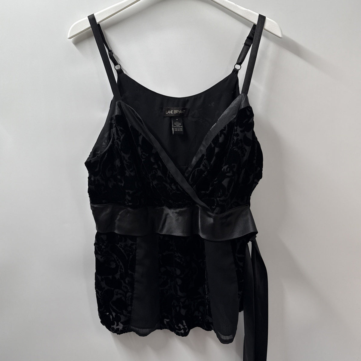Lane Bryant Velvet Burnout Cami Top Women Plus Sz 18 Black Satin Tie Side Zip
