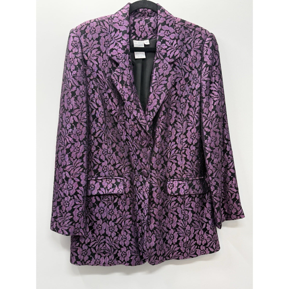 QPS Size 12 Purple Black Floral Brocade Blazer Jacket Pockets Lined Statement