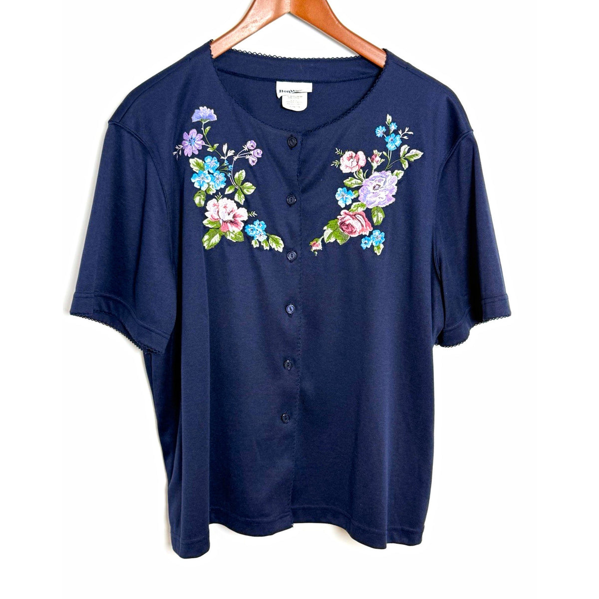 BonWorth Womens Petite XL Navy Knit Floral Embroidered Button Front SS Top