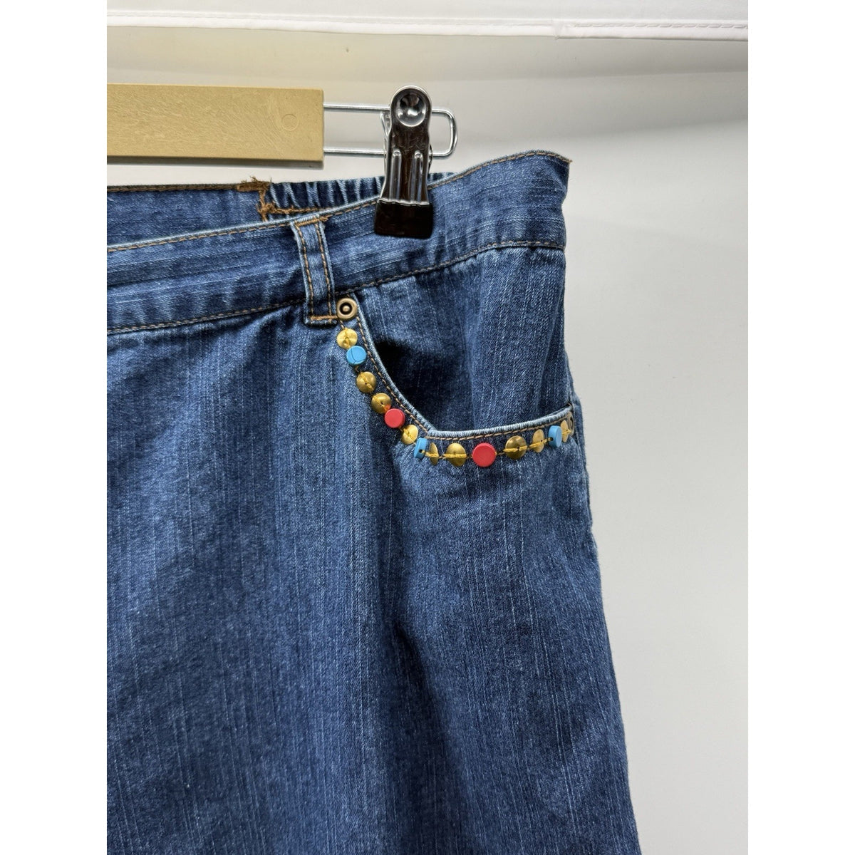 Ruby Rd Beaded Denim Jeans Womens 14 Blue Ramie Blend Y2K Boho Stretch Pants