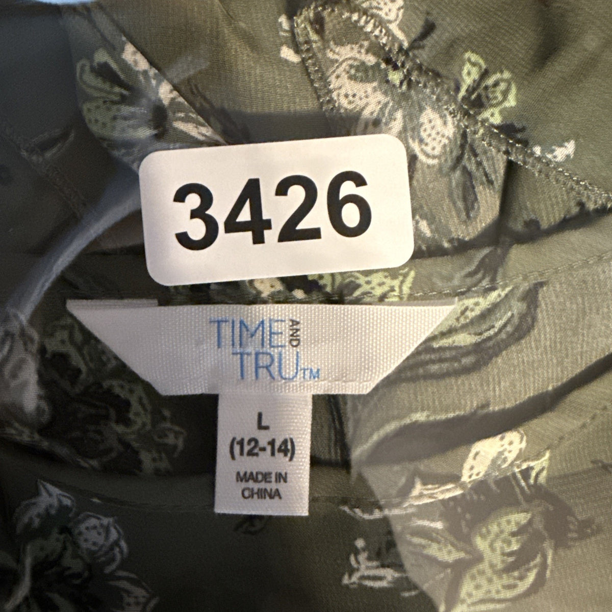time and tru Dress Women’s Size Large Green, Black, White floral print Boho