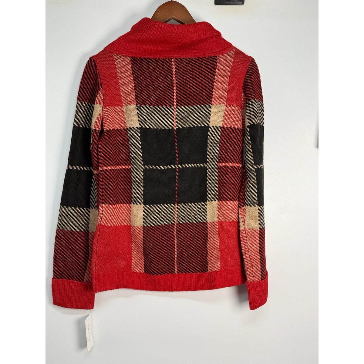 Charter Club Plaid Cowl Neck Sweater Womens XS Red Black Tan Cozy Knit