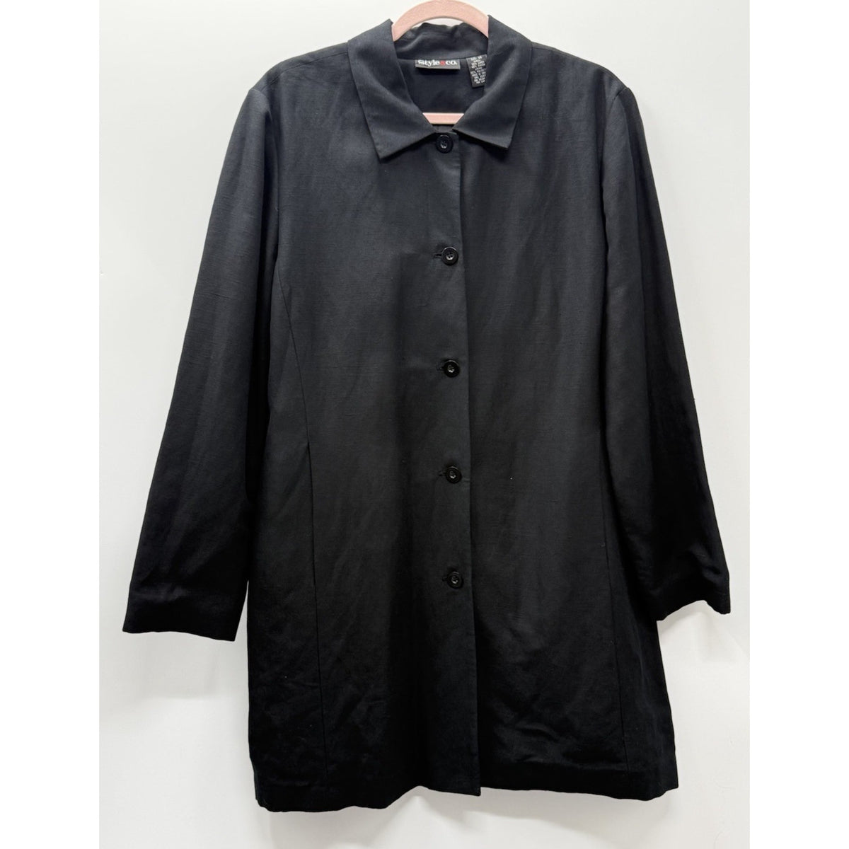 Style & Co Black Linen Rayon Button Front Long Jacket Topper Women’s 14 Career