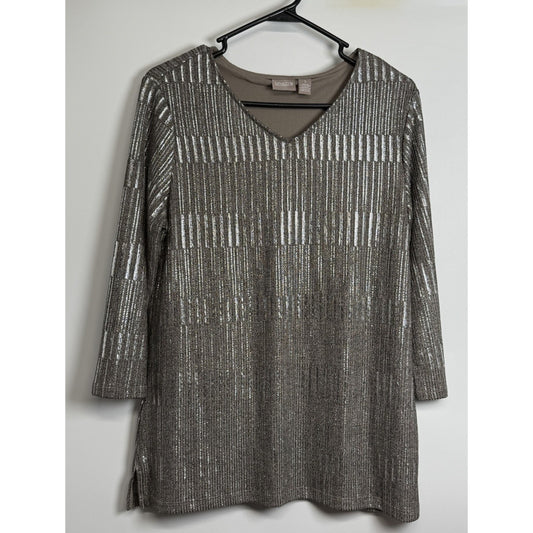 Chico's Women's Shimmer Metallic Tunic Top V-Neck 3/4 Sleeves Size 1 Medium 8