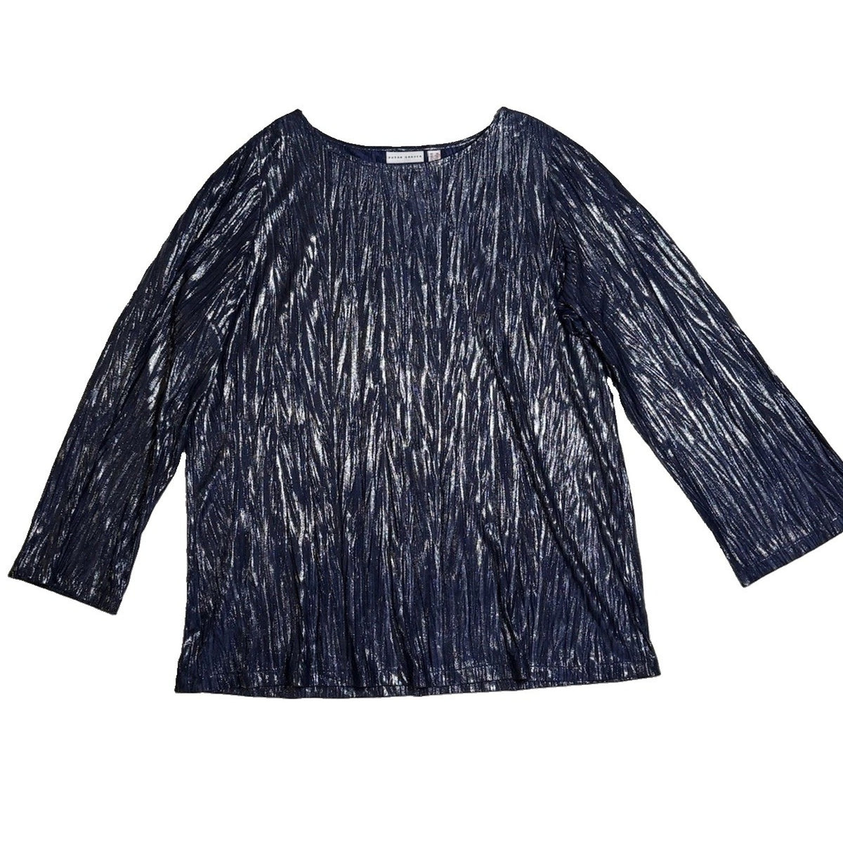 Susan Graver 1X Blue Metallic Crinkle Knit Top Shimmer 3/4 Sleeve