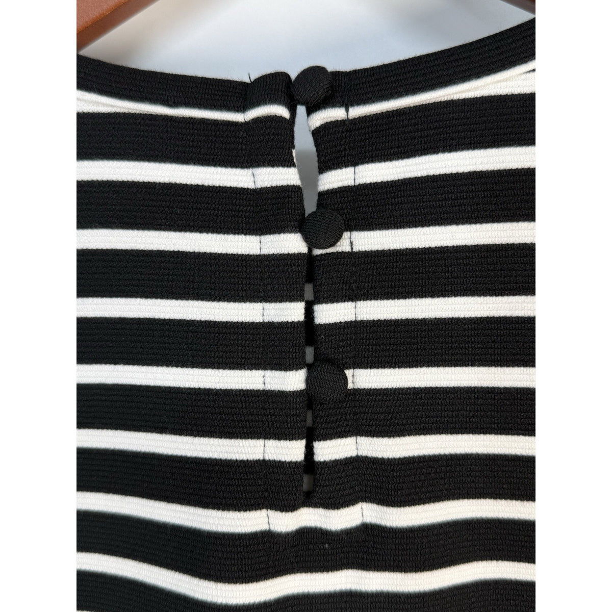 LOFT Black White Stripe Knit Shift Dress Size S 3/4 Sleeve Stretch Classic